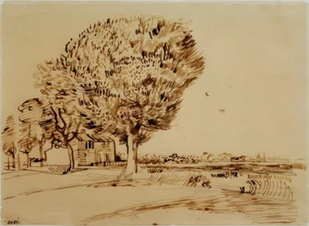 Paisagem com casa e árvores