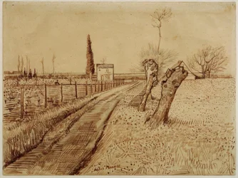 Paisagem com salgueiros de caminho e descornado