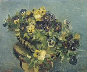 "Pot de pansies sur une petite table" (Cesta de amores-perfeitos sobre uma mesa pequena) Pintura de Vincent van Gogh (1853-1890) 1887 Dim 46x55,5 cm Museu Van Gogh, Amsterdã