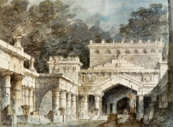 Cenografia de Francesco Bagnara para quinta cena de Norma, ópera de Vincenzo Bellini (1801-1835), interpretada no Teatro La Fenice em Veneza