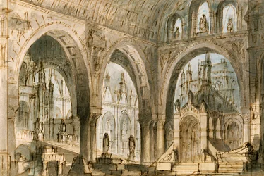 Cenografia de Francesco Bagnara para quarta cena de Capuleti e Montecchi, ópera de Vincenzo Bellini (1801-1835), interpretada no Teatro La Fenice em Veneza