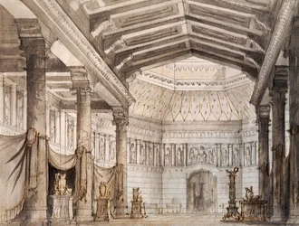 Cenografia de Francesco Bagnara para segunda cena de Norma, ópera de Vincenzo Bellini (1801-1835), interpretada no Teatro La Fenice em Veneza
