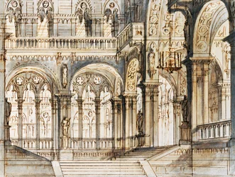Cenografia de Francesco Bagnara para terceira cena de Capuleti e Montecchi, ópera de Vincenzo Bellini (1801-1835), interpretada no Teatro La Fenice em Veneza
