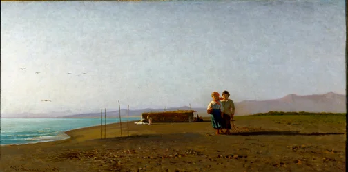 Vista da praia de Viareggio ao sol da manhã na costa da Toscana, duas silhuetas infantis. Pintura de Vincenzo Cabianca (1827-1902)