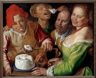 Comedores de Ricota Personagens com caras expressivas e grotescas comendo queijo com uma concha. Pintura de Vincenzo Campi (1536-1591)