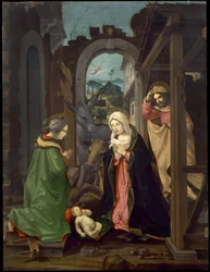 Natividade com Santa Catarina. Adoração do Menino Jesus com Nossa Senhora, São José e Santa Catarina, c.1495 (óleo sobre painel)