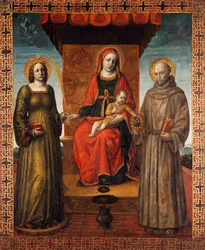 Entronizada Madona e Criança com os Santos Bernardino e Catarina de Alexandria, reverso da bandeira processional de Orzinuovi, de Vincenzo Foppa (ca1427 - ca1515), pintura sobre tela.