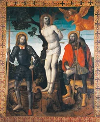 São Sebastião, São Rocco e São Giorgio, reverso da bandeira processional de Orzinuovi, de Vincenzo Foppa (ca1427 - ca151515), pintura sobre tela.
