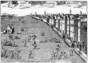 Veneza, Itália. A luguna em direção ao gelo de Murano em 1708 em "Singularidade de Veneza" de Vincenzo Coronelli (1650-1718).
