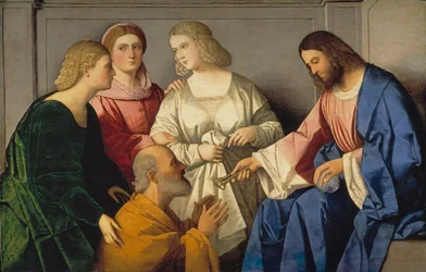 La Remise des clefs a saint Pierre - Cristo que dá as chaves a São Pedro - Catena, Vincenzo di Biagio (ca. 1470-1531) - c. 1520 - Óleo sobre madeira - 86x135 - Museo del Prado, Madrid