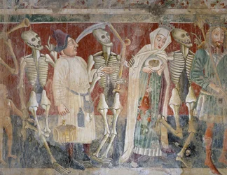 Perto de Pazin, rainha e mercador acompanhado pela Morte, Dança da Morte (1474), detalhe, afresco na igreja do cemitério da Igreja de Santa Maria da Rocha, por Vincenzo da Castua, Beram, Istria, Croácia