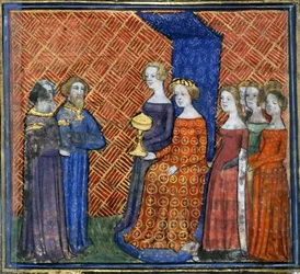 Rei Salomão Recebendo a Rainha de Sabá da Bíblia historiale de Guiart des Moulins, 1400-1415
