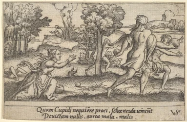 Atalanta e Hipômenes, em primeiro plano Atalanta ajoelhada para apanhar uma maçã e..., ca. 1535-62.