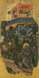 A História de Santo António o Grande, Um mendigo exorta o rei doente da Palestina a enviar comida a Santo António (em cima); chegada de camelos com comida (em baixo)