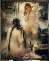 Dans un bain de vapeur (sauna) - Num banho de vapor - Duas mulheres jovens nuas penteando o cabelo e desfrutando dos benefícios do termismo tradicional russo - Pintura de Vitali Gavrilovich Tikhov (1876-1939), óleo sobre tela, início do século XX - Arte Ru