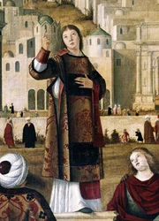 Santo Estêvão. Pormenor de "A pregação de Santo Estêvão em Jerusalém". Pintura de Vittore Carpaccio. (1450/54-1525/26)