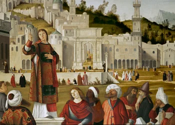 O sermão de Santo Estêvão no interior das muralhas do templo salomónico de Jerusalém (óleo sobre tela)