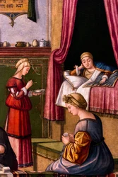 O Nascimento da Virgem, ciclo da Scuola degli Albanesi, cerca de 1502/03 (óleo sobre madeira)
