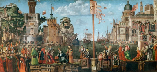 O Encontro de Etério e Ursula e a partida dos peregrinos, do ciclo de Santa Úrsula, originalmente na Scuola di Sant&39;Orsola, Veneza, 1498