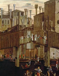 O milagre da relíquia da Santa Cruz, pormenor da antiga Ponte de Rialto, da Scuola di San Giovanni Evangelista, c. 1494