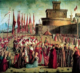 Os peregrinos são recebidos pelo Papa Cyriacus em frente aos Muros de Roma A Lenda de Santa Úrsula, 1497