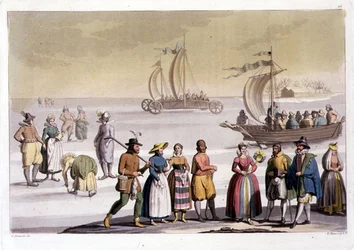 Cena holandesa de patinagem gravada por G. Bramatti (gravura colorida)
