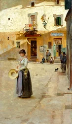 Em quadrado por Vittorio Matteo Corcos (1859-1933), óleo sobre painel, 23x13 cm, cerca de 1885
