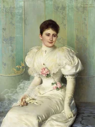 Retrato de uma senhora, sentada a três quartos de comprimento, usando um vestido branco