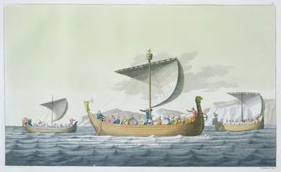 Frota de Guilherme, o Conquistador, 1066, prato 8 de &39;Le Costume Ancien et Moderne&39;, de Jules Ferrario, publicado c.1820s-30s