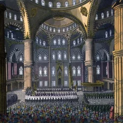 A celebração da festa de Mewlod na mesquita do sultão Ahmed, gravura 41 da parte III, volume I de «A história das nações», gravada pelo artista