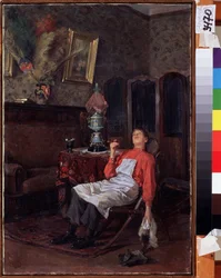 Na ausência do Proprietário. Um jovem servo, com avental e ferramenta de limpeza, está caído em uma cadeira e fuma um charuto. Pintura de Vladimir Yegorovich Makovsky (Makovsky, Makovskij) (1846-1920), óleo sobre tela, c