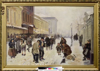 O Asilo Noturno (Dosshouse). Cena de rua, uma multidão de pessoas carentes e sem-teto estão reunidas em frente ao prédio da recepção, sofrendo com o frio e a pobreza. Pintura de Vladimir Yegorovich Makovsky (Makovsky, Makovskij) (1846-1920), óleo sobre tel