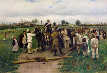 A pagar um resgate pela noiva. Pintura de Vladimir Makovsky - Pagando um resgate pela noiva - Vladimir Yegorovich Makovsky (1846-1920). Óleo sobre tela