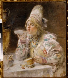 Hora do chá (Uma mulher Boyar (boiard, boiar), em vestido tradicional de duquesa de Moscovo e toucado, senta-se junto a um samovar e bebe o chá que derramou no pires da sua chávena). Pintura de Konstantin Yegorovich Makovsky (Constantin Mako
