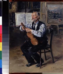 Luthier (Luthier). O artesão afina um violino. Pintura de Vladimir Yegorovich Makovsky (Makovsky, Makovskij) (1846-1920), óleo sobre tela