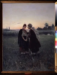 Mãe e filha (Mãe e Filha). Diálogo e confiança intergeracional ao anoitecer, a jovem parece infinitamente triste. Ao fundo, uma pequena vila rural, as duas mulheres estão usando vestidos tradicionais. Pintura de