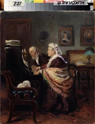 Piano a quatro mãos. Um casal de idosos toca música enquanto lê atentamente a partitura, tendo ao lado um pequeno cão branco