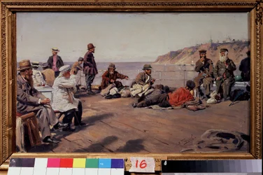 No convés. Viajantes de todas as classes num barco ao longo da costa. Pintura de Vladimir Yegorovich Makovski (Makovsky, Makovskij) (1846-1920), óleo sobre tela