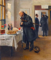 "Um Gastrónomo" (Gastrónomo) Um homem esfregando as mãos antes de um bom buffet - Pintura de Vladimir Makovsky (Makovski) (1846-1920)