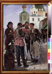 Vendedor de kvass (Kwass). Bebida fermentada, gaseificada, ligeiramente alcoólica e popular, conhecida como cerveja de pão, a bebida nacional russa - Vladimir Yegorovich Makovski (Makovsky, Makovskij) (1846-1920)