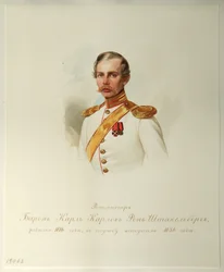 Retrato do Barão Karl Karlovich von Stackelberg (1816-1887) (Do Álbum dos Guardas Imperiais) - Hau (Gau), Vladimir Ivanovich (1816-1895) - 1846-1849 - Aquarela sobre papel - Institut of Russian Literature IRLI ( Pushkin-House), São Petersburgo