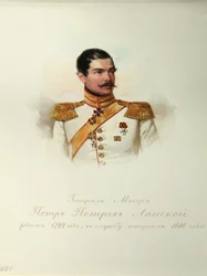 Retrato do General Pyotr Petrovich Lanskoy (1799-1877) (Do Álbum dos Guardas do Cavalo Imperial) - Hau (Gau), Vladimir Ivanovich (1816-1895) - 1846-1849 - Aguarela sobre papel - Instituto de Literatura Russa IRLI (Pushkin-House), São Petersburgo
