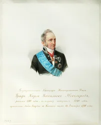 Retrato do Chanceler do Império Russo Conde Karl Robert Nesselrode (1780-1862) (Do Álbum do Cavalo Imperial - Hau (Gau), Vladimir Ivanovich (1816-1895) - 1846-1849 - Aguarela sobre papel - Institut of Russian Literature IRLI (Pushkin-Ho