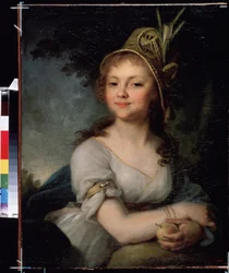 Retrato de Ekaterina Arsenyeva. Tem um chapéu e pulseiras e está a segurar um fruto (Retrato de Ekaterina Arsenyeva). Pintura de Vladimir Lukich Borovikovsky (ou Borovikovski) (1757-1825). Óleo sobre tela, ca. 1790, 71,5 x 56,5 cm, arte russa, clássica