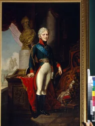 Retrato do Imperador Alexandre I da Rússia (1777-1825). Pintura de Vladimir Lukich Borovikovsky (ou Borovikovski) (1757-1825), óleo sobre tela, ca. 1800. Arte russa do século XVIII. Museu Estatal de Guerra e História de Borodino, Moscovo.