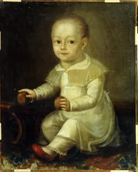 Retrato de uma criança com maçãs. (Retrato de uma criança com maçãs). Pintura de Vladimir Lukitch Borovikovsky (ou Borovikovsky) (1757-1825)