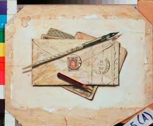 Uma carta e cartas de jogo. Natureza morta. Trabalho de Vladimir Pavlovich Sokolov (1860-1913), aguarela sobre papel. Arte russa