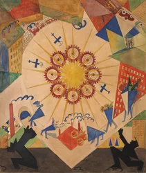 Terra prometida. Cenário para a peça de teatro Mystery-Bouffe de Vladimir Mayakovsky, 1919.