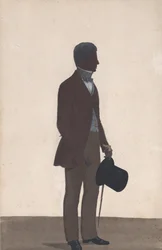 Um homem jovem, de pé, silhueta completa, perfil à direita, 1850.