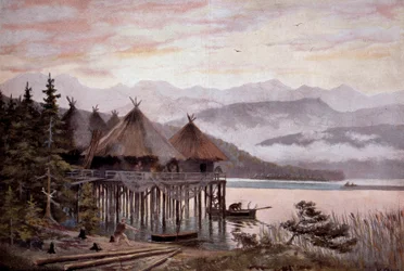 Pré-história: bati de aldeia sobre palafitas nas margens do Lago Zurique, na era de Pierre. Aldeia do lago, cidade do lago pré-histórico. De uma pintura de W. Kranz do século XX.